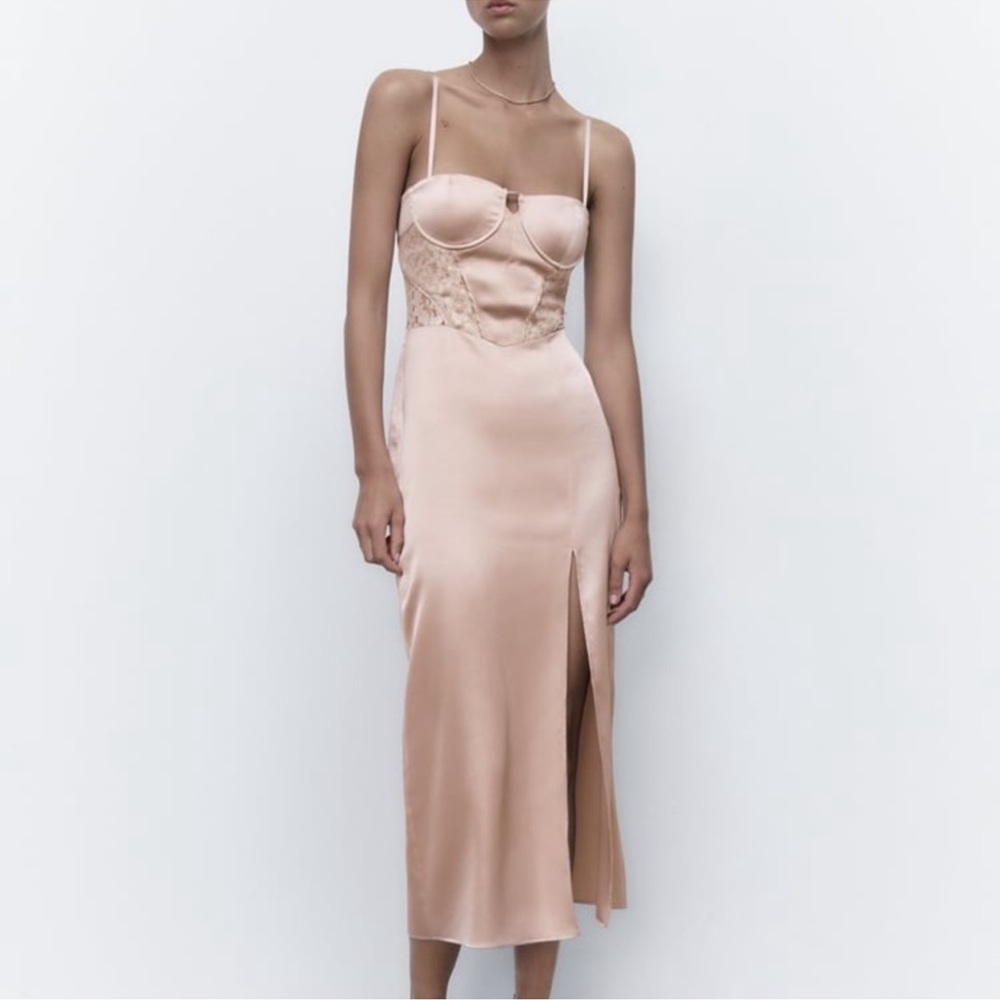 Zara Blush Satin Midi Slip Dress with Lace Insets